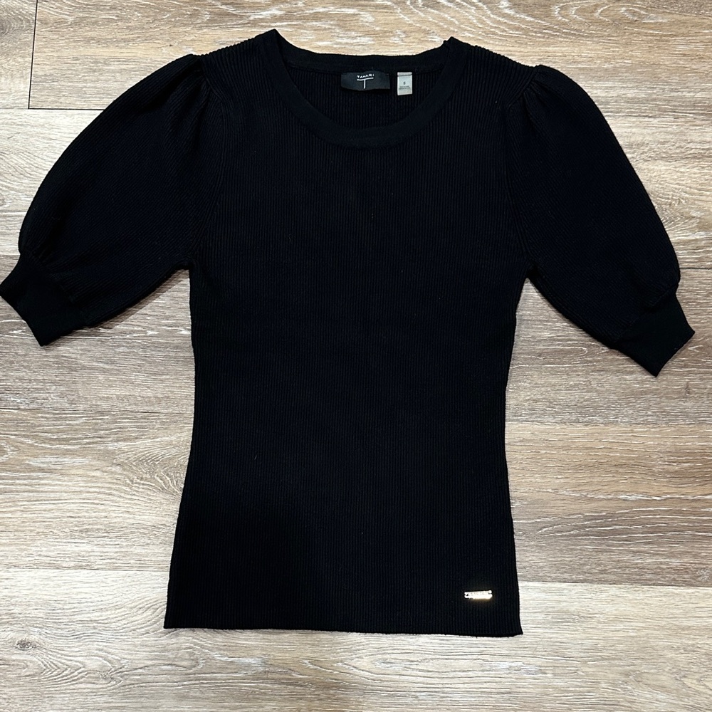 Tahari Elegant Black Puff Sleeve Blouse